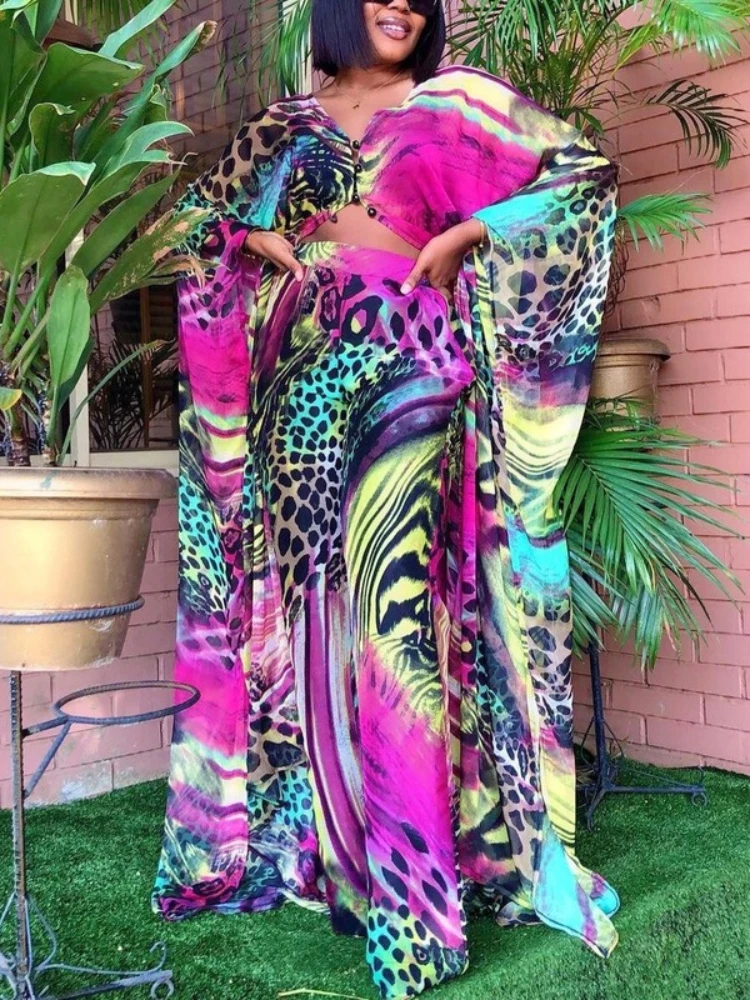 Summer Chiffon Pants Sets for African Ladies Printed Loose Batwing Sleeve Fashion Elegant Evening Night Party Matching Sets Hot