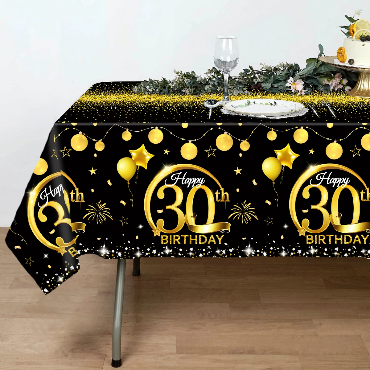 Gold-schwarze Geburtstags-Tischdecke, 18, 30, 40, 50 Jahre alt, Geburtstagsdekoration, Geburtstagsparty-Zubehör, goldfarbene Glitzer-Tischdecke, Dekor – Detail 6