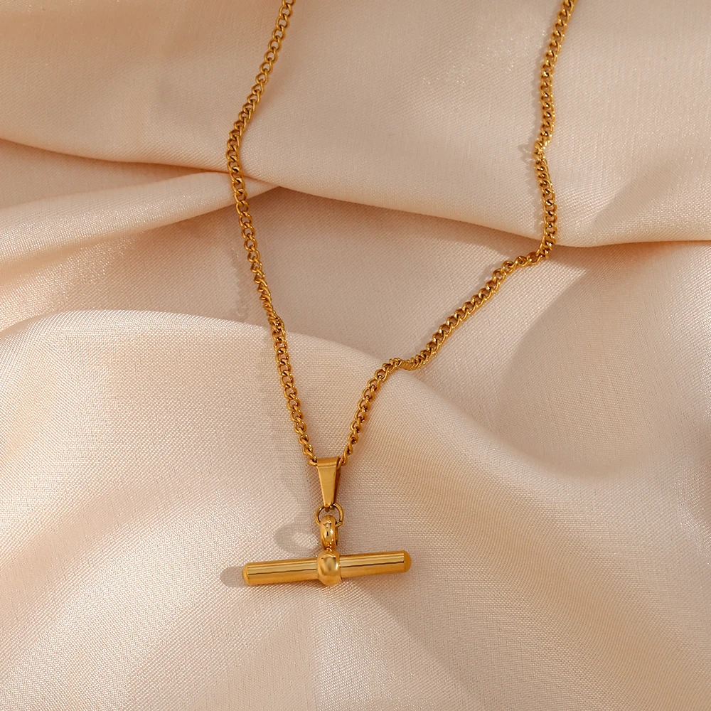 E.B.belle Stainless Steel 18K Gold Plated Minimalist Design T Bar Pendant Necklace For Woman Girl's Ladies Gold Jewelry 4
