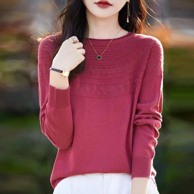 

Women's Pullover Autumn New Worsted Wool Sweater Casual Solid Color Hollow Knitwear Ladies' Tops Loose Round Neck Blouse