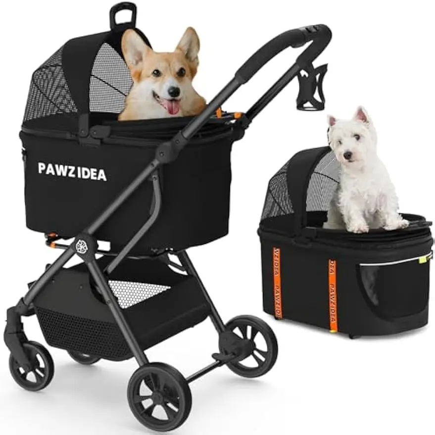 

PAWZIDEA Pet Stroller 4 in 1 Dog Strollers for Small/Medium Dogs/Cats with Detachable Carrier NO-Zip Canopy Seatbelt Puppy Car