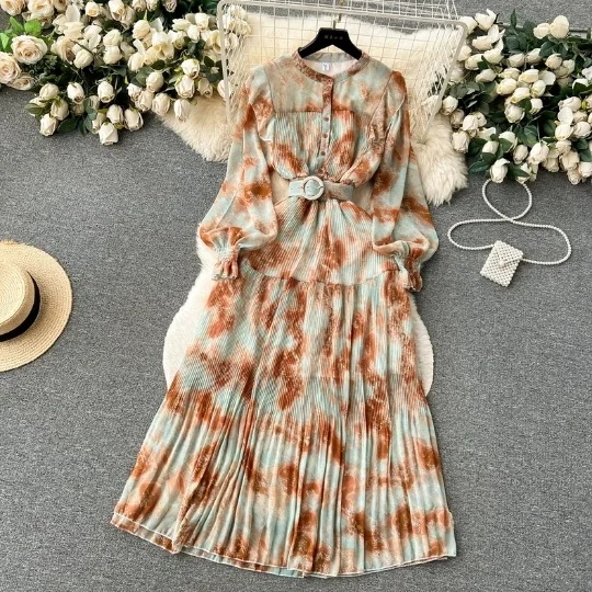 Women Spring Summer Dress French Dress 2024 New Design Sense Irregular Tie Dye Slim Fit Long Swing Chiffon Holiday Dress