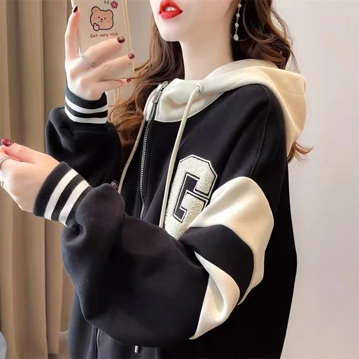 

Fleece-lined Hooded Women's 2024 New Autumn And Winter Fashion Korean Student Baseball Uniform Cardigan Coat #2112