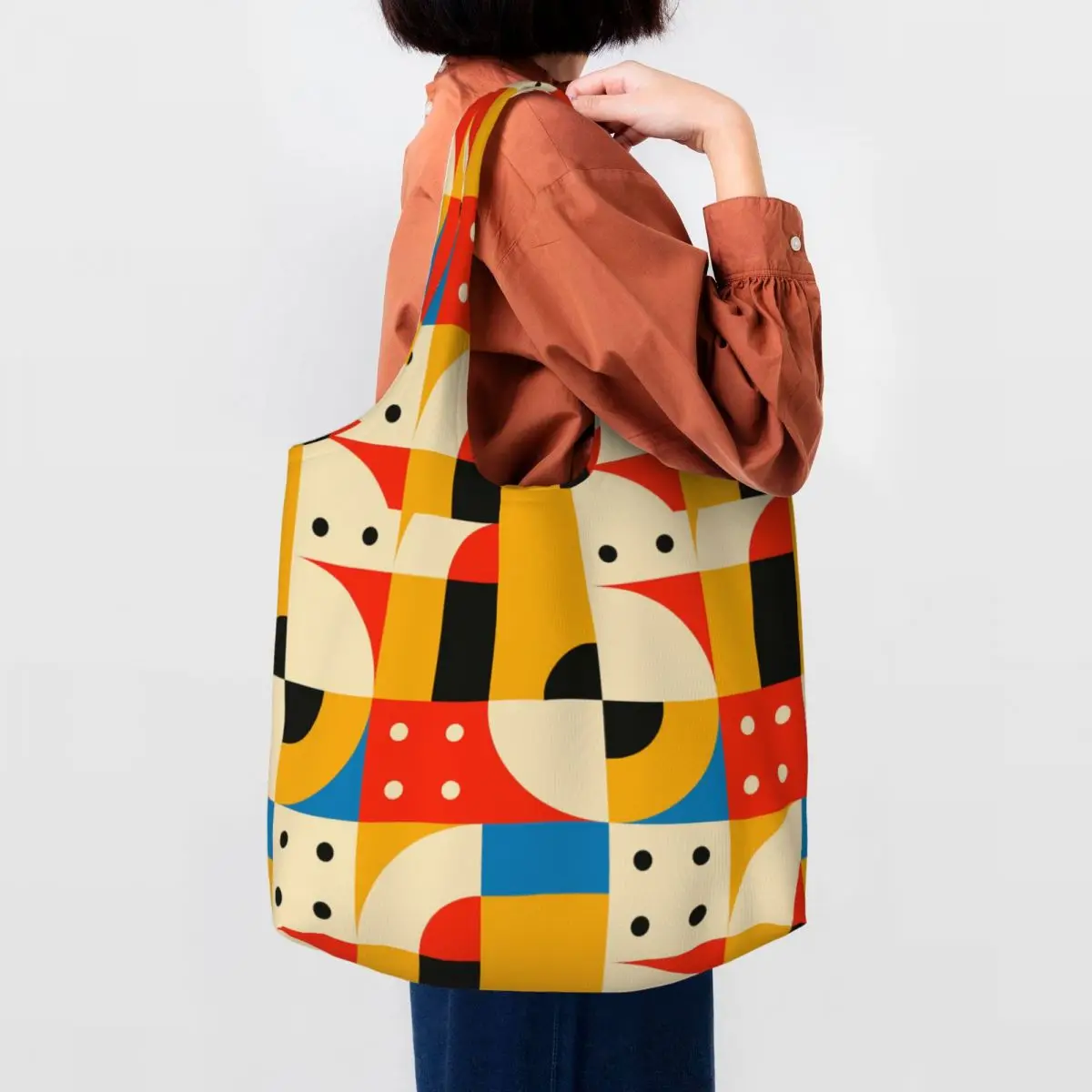 

Bauhaus Color Block Geometric Line Modern Canvas Shopping Bag Women Washable Capacity Groceries Minimalist Tote Shopper Handbags