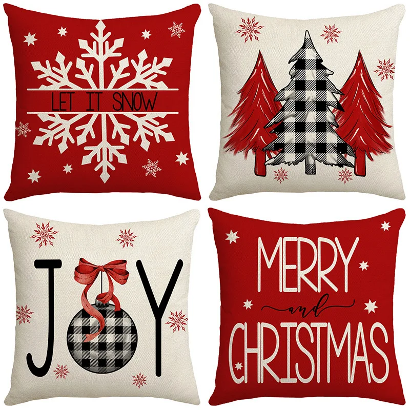 Joy Plaid Christmas Linen Pillowcase Merry Christmas Tree Snowflake Decor For Home Sofa Cushion Cover Xmas Ornaments Navidad