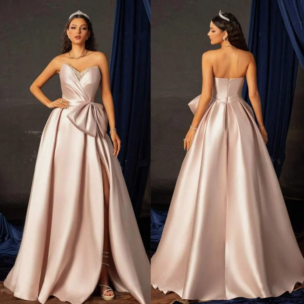 

Prom Dress Satin Draped Bow Pleat Clubbing A-line Strapless Bespoke Occasion Gown Long Dresses Saudi Arabia Evening