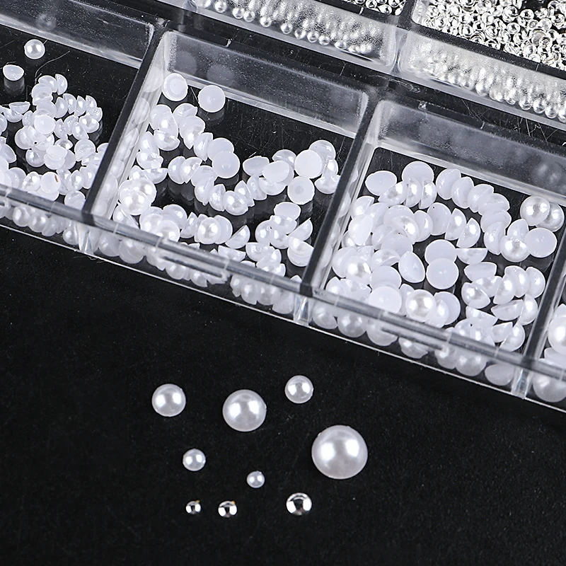 12 Grids White Half Round Pearl Nail Art Decoration Mixed Size Silver Gold Mini Steel Ball Rivet Rhinestone Nail Accessories 5