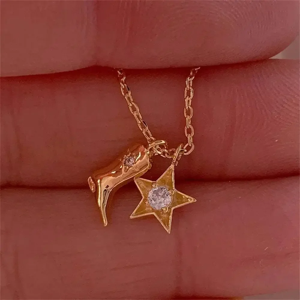 Stainless Steel Waterproof Cowboy Boot Choker Necklace Creative Cowgirl Hat Rhinestone Star Pendant Polished Gold Color Jewelry