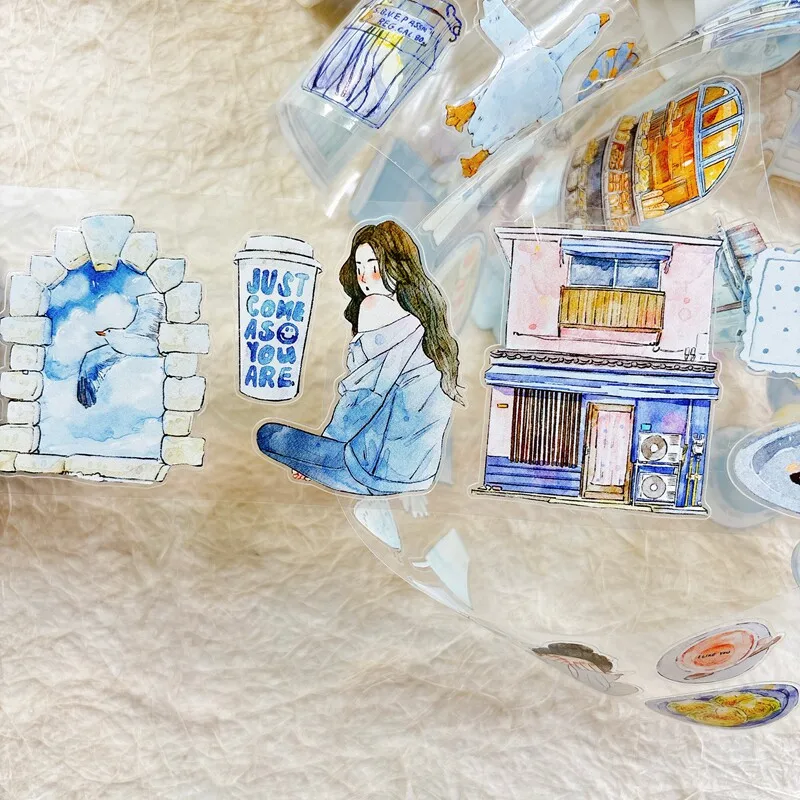 빈티지 블루 라이프 캐릭터 풍경 PET 테이프 창의적인 DIY 저널 재료 콜라주 스크랩북킹 문구류