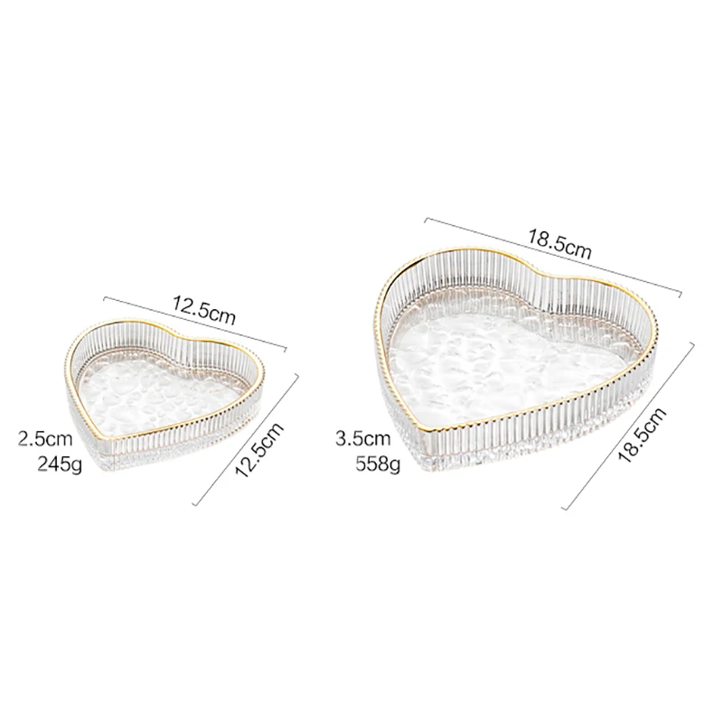 European Heart Clear Glass Tray With Gold Rim Small Large Set Of Two For Home Tabletop Jewelry Comestic Candle Watch Key Storage 6