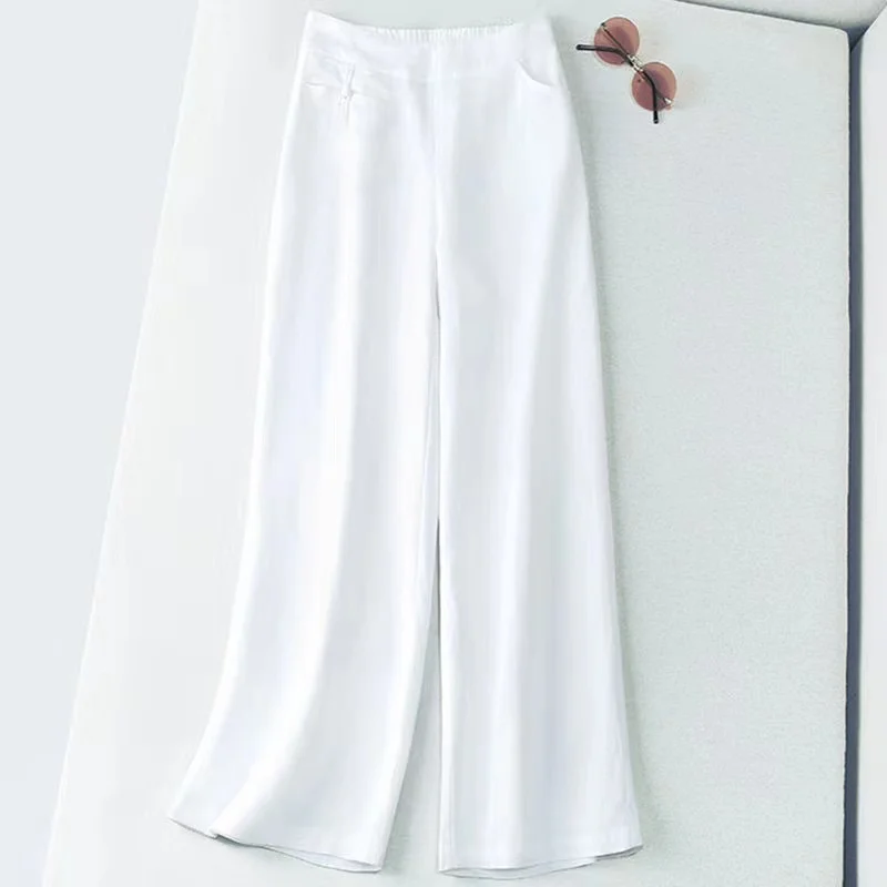 Linen  Straight  Elastic Waist  Solid  Button Decoration  Show Thin  Wide-legged Pants slacks Pants & Capris