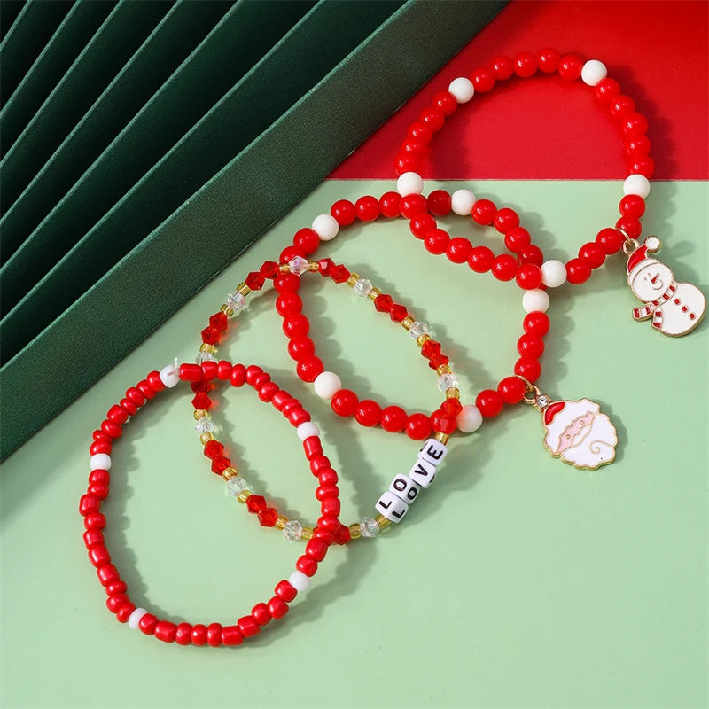 4-teiliges Set Modische Weihnachts-Armbänder mit Weihnachtsmann und Schneemann für Frauen, Handgefertigte Perlen-Armbänder, Mädchen Party Festival Schmuck Geschenke – Detail 8