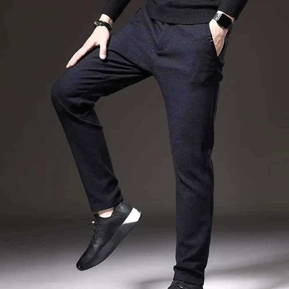 

Straight Leg Men Pants Men's Straight Solid Color Ankle Length Pants with Elastic Waist Drawstring Zipper Button for Everyday
