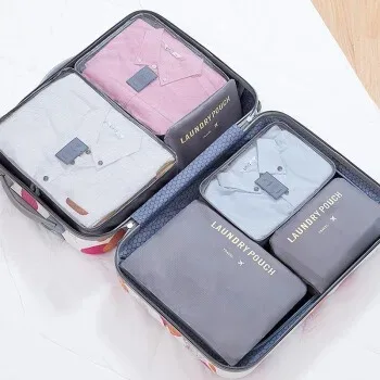 thumbnail image 1 of Juego de 6 bolsas de almacenamiento de viaje de gran capacidad, impermeables, color rosa, azul y gris, con cremallera, 1 of 5