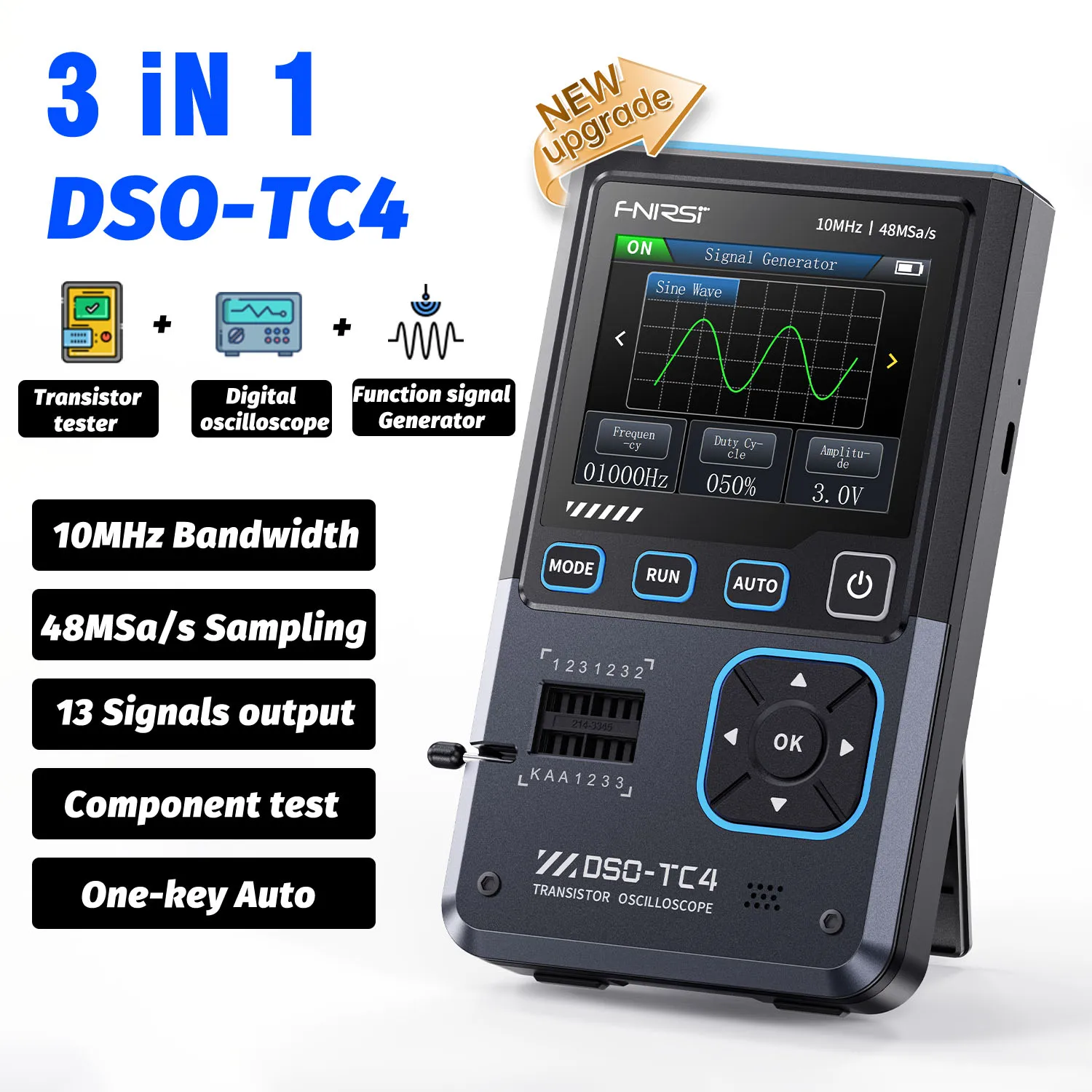 FNIRSI DSO-TC4 Upgrade 3 in 1 Digital Oscilloscope 10MHz 48Ms/s Transistor Tester USB Charger