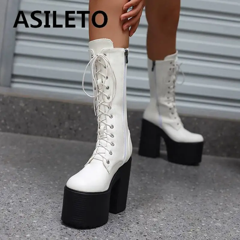 

ASILETO Ladies Mid Calf Boots 27cm Round Toe Platform Hill 8cm Chunky Heel 14cm Zipper Lace Up Belt Buckles Big Size 43 Punk