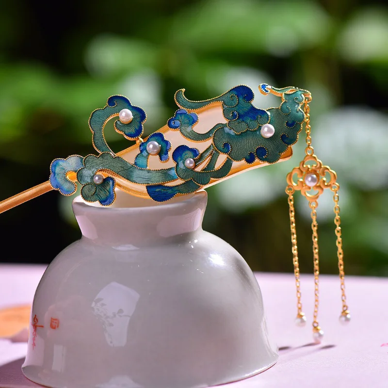 Enamel auspicious cloud pearl tiara Court style hanfu accessories  Ancient gold craft natural Hotan Jade hair jewelry for women