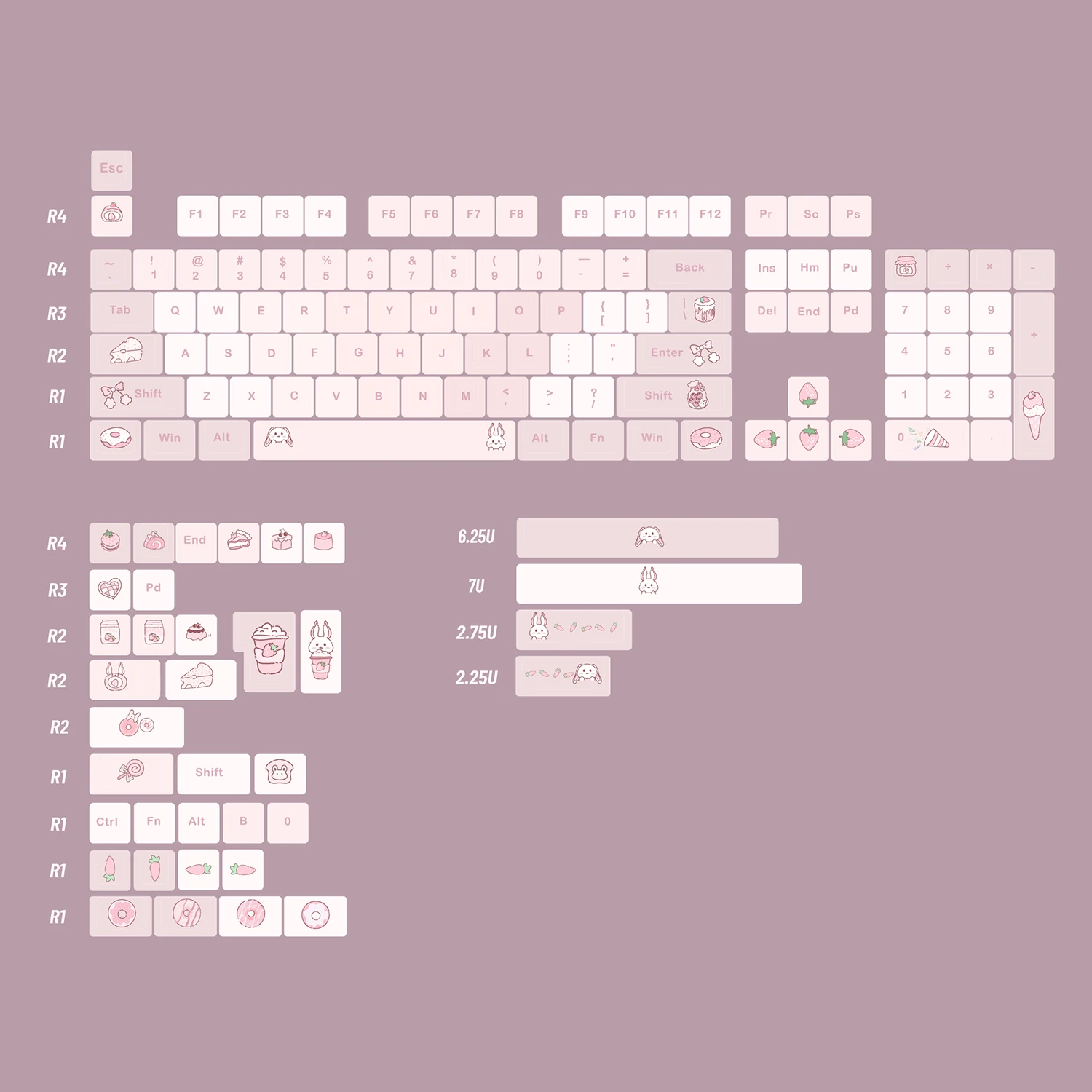Sweet Rabbit Theme Pbt Keycap Perfil Kca 140 Teclas Lados Estilo Rosa Subbed Apto para Teclado Mecânico e Óptico para Jogos