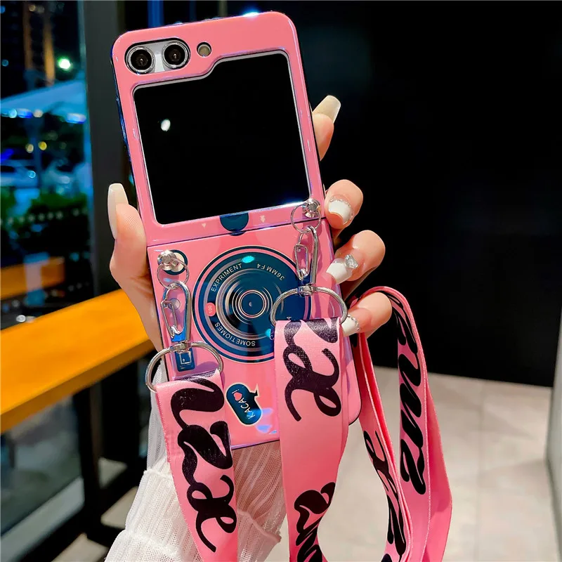 Blu-ray Retro Camera Flip5 Phone Case For Samsung Galaxy Z Flip 5 4 3 5G Crossbody Lanyard Protective Flip3 Flip4 Cover