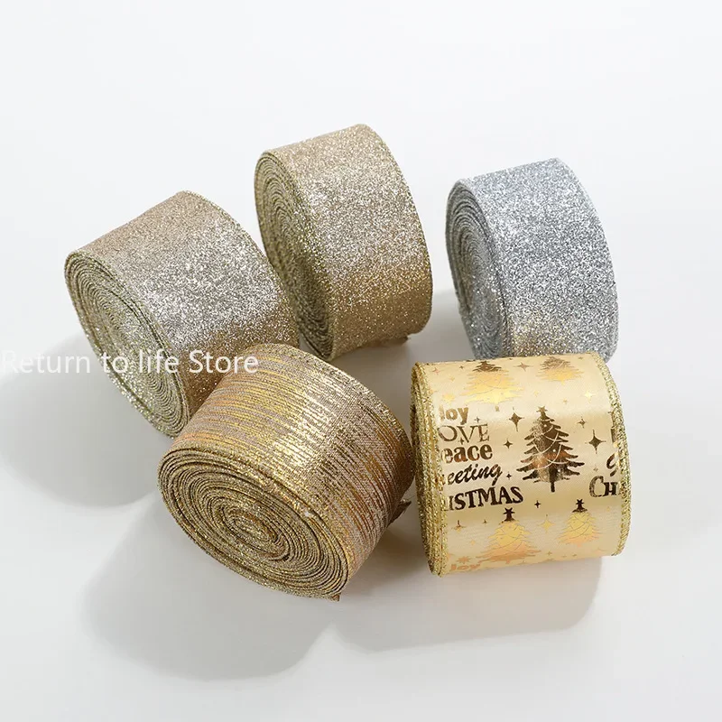 Ribbon Decoration Ribbon Supplies Christmas Ribbon Wrapping Ribbon Polyester Ribbon Christmas Ribbon Golden Silver Champagne Polyester Gliter Ribbon DIY Xmas Tree Bow Gifts Packing 2m