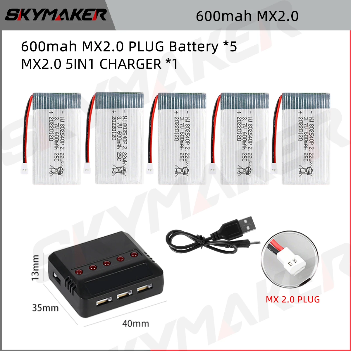 Batteria LiPo 3.7V 800mAh 25C Per Droni Syma (Modelli X5C, X5SC, CX-30) Con Caricabatterie USB E Spina JST/SM