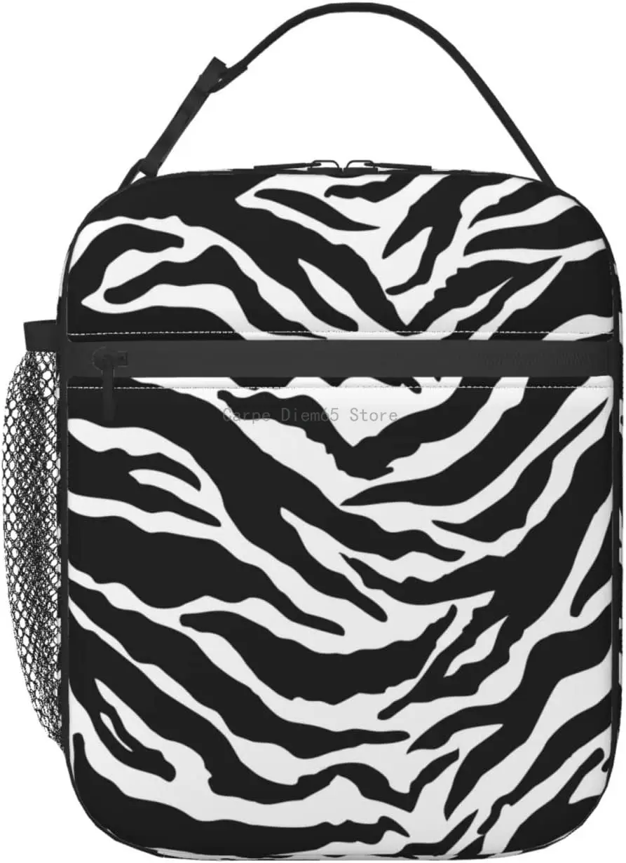 

Zebra Leopard Print Lunch Bags for Women,Leakproof Insulated Animal Print Lunch Box Reusable Zipper Black White Cooler Tote Bag