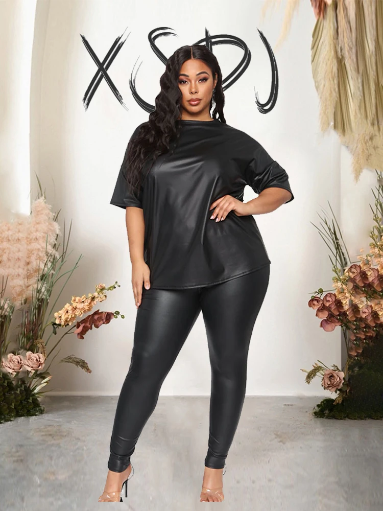 Two Piece Set for Women Spring Fashion Suits Black Top with Sleeves and  Leather Pants Casual Sexy Plus Size Matching Sets