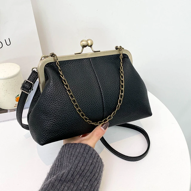 Black Leather Kiss Lock Bag, Clutch, Vintage Shoulder and Crossbody Bag for  Women, Evening Bag and for Daily Use, Handmade Kiss Lock