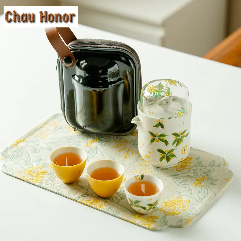 Hand-painted Osmanthus Flowers Travel Tea Set Kit Elegant 1 Pot 3 Cups Tea Maker Organizer Portable Outdoor Handbag Accessories