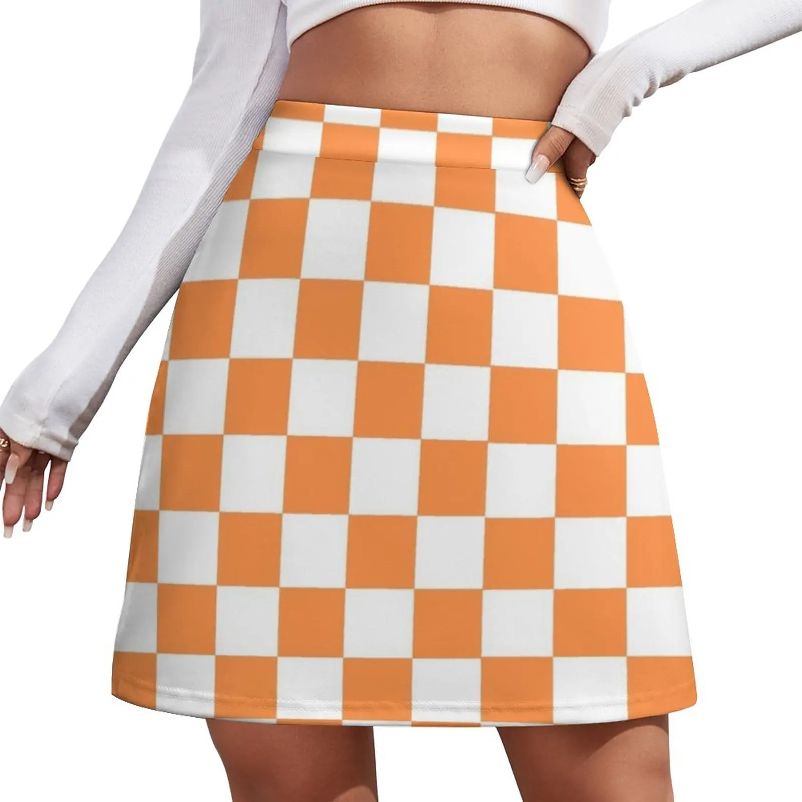 Orange And White Checkered Print Mini Skirt Korean skirts Summer women's clothing