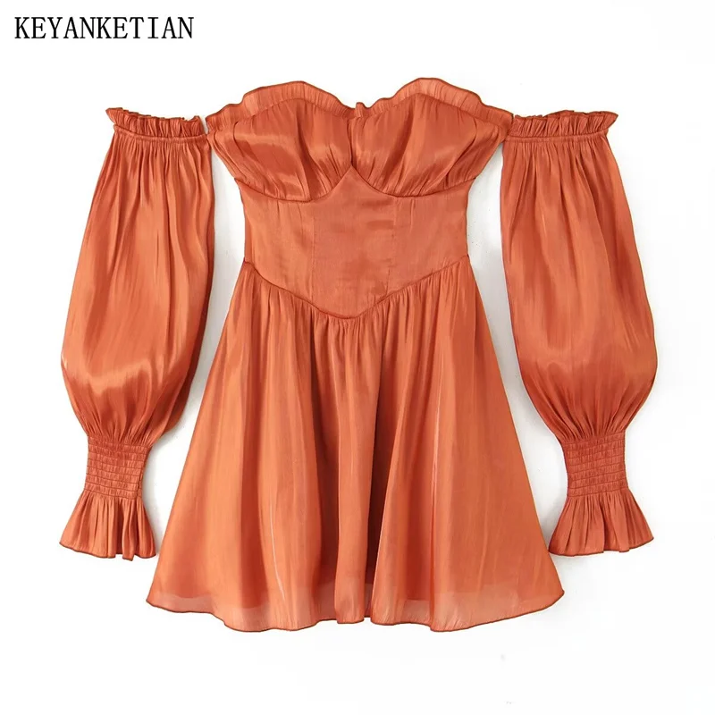 

KEYANKETIAN 2024 New Launch Women's Organza Dress Fairy core Sweet Slash neck Lantern Sleeve Slim Backless Corset Mini Dress