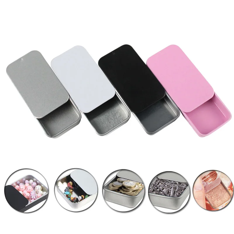 

2Pcs Metal Rectangular Empty Mini Tin Box Tinplate Push Candy Pill Cases Bins Jar Hinged Containers Small Organizer Storage Box