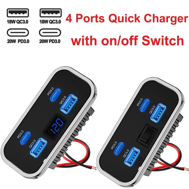4-Port 12V/24V Car USB Socket Charger 76W Dual PD3.0 Type-C Dual Quick Charge QC3.0 Power Adapter for Marine Bus ATV Truck