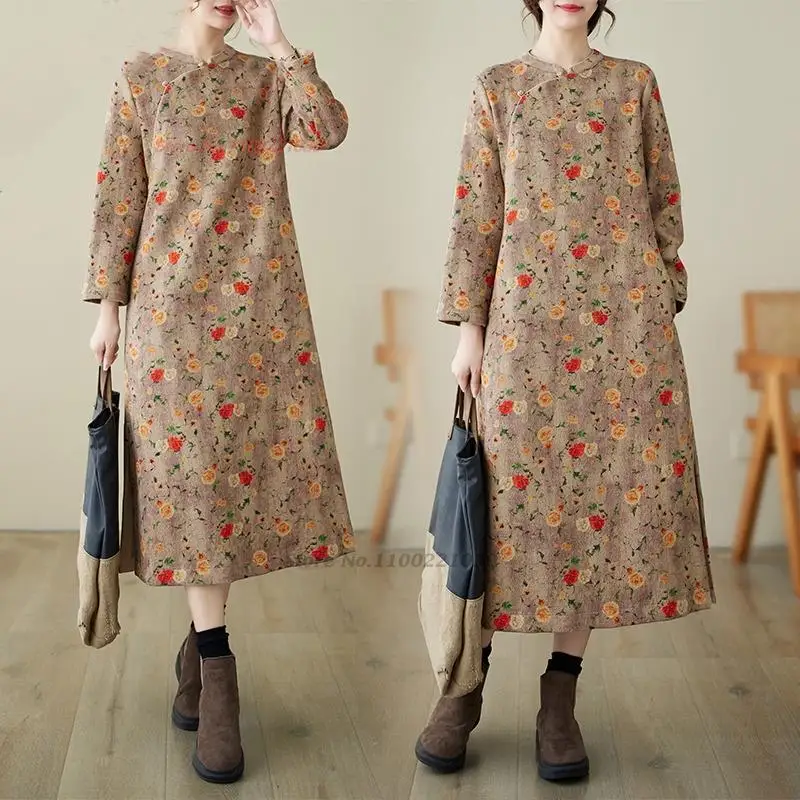 

2024 chinese vintage cheongsam dress national flower print improved dress qipao vintage fleece lined dress thicken folk qipao