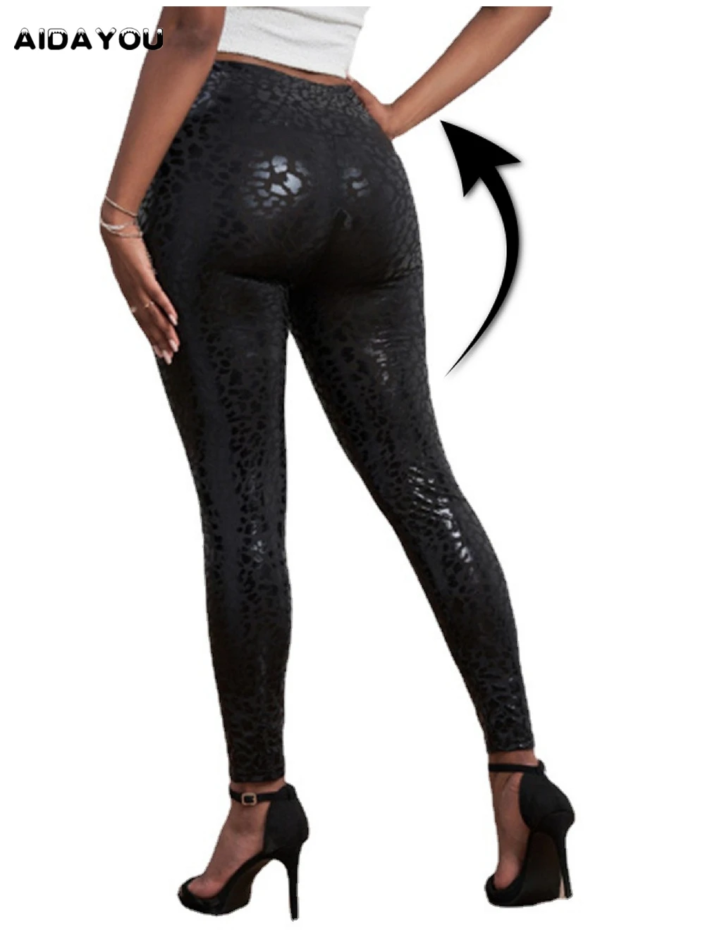Faux Leather Leggings  Snake Print  Embossed Wide Waistband  Pattern Leopard Print Liquid Shine Tummy Control Yoga Pants ouc820
