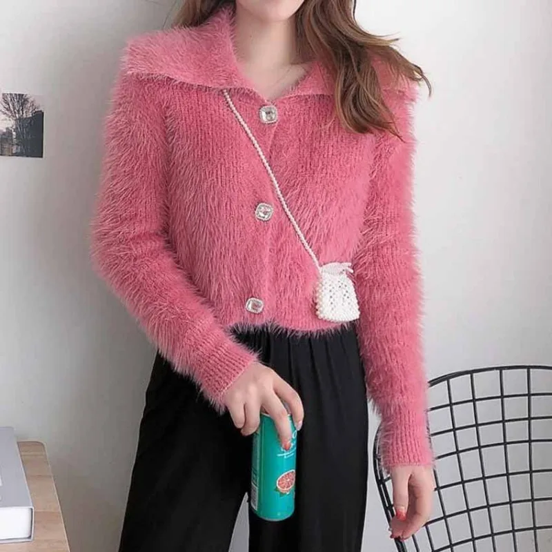 하라주쿠 한국 여성 가디건 플러시 따뜻한 스웨터, 시크하고 달콤한 심플 아우터, 소녀 스타일 밍크 캐시미어 화이트, 가을