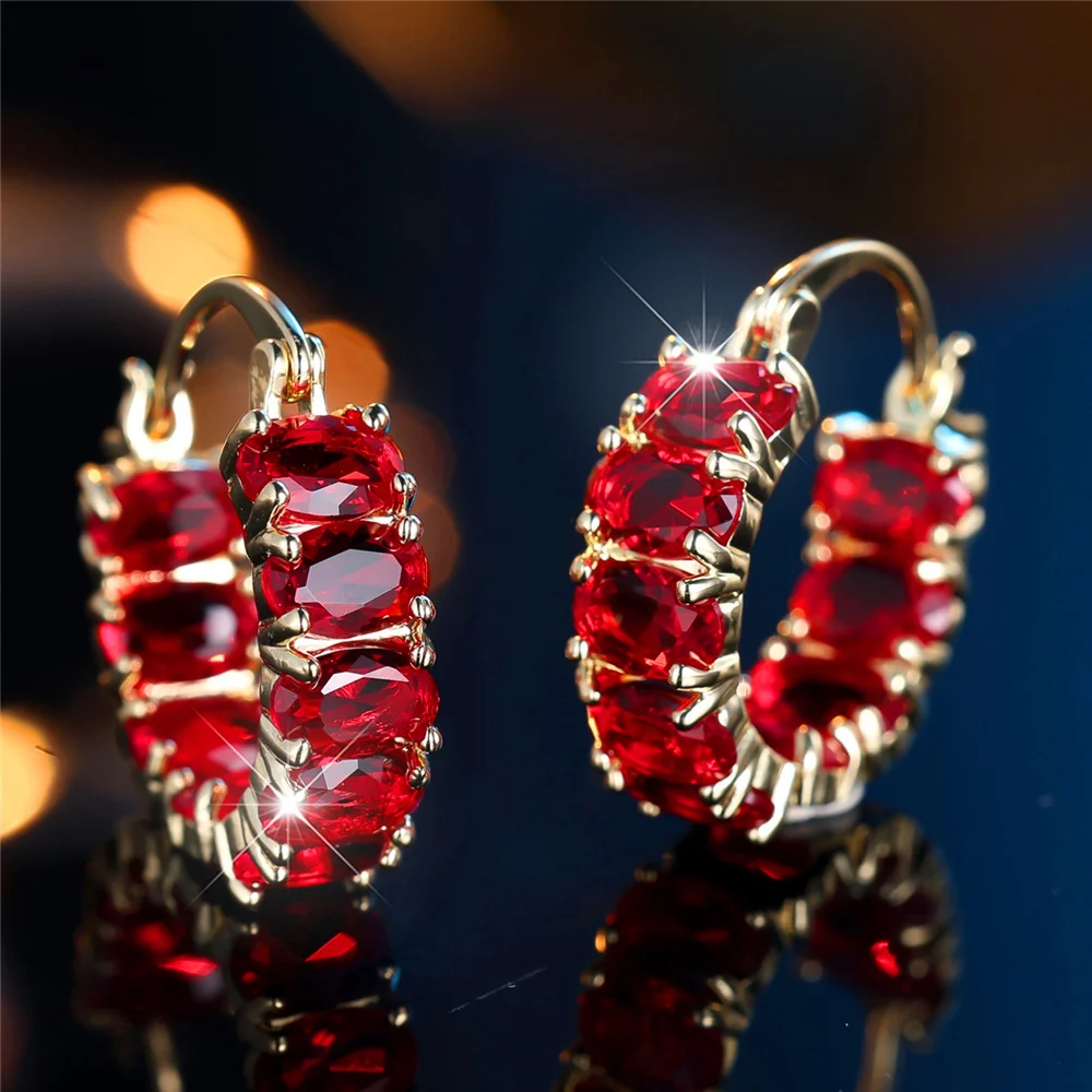 Trendy Crystal Red Zircon Stone Hoop Earrings For Women Vintage Gold Color Wedding Jewelry