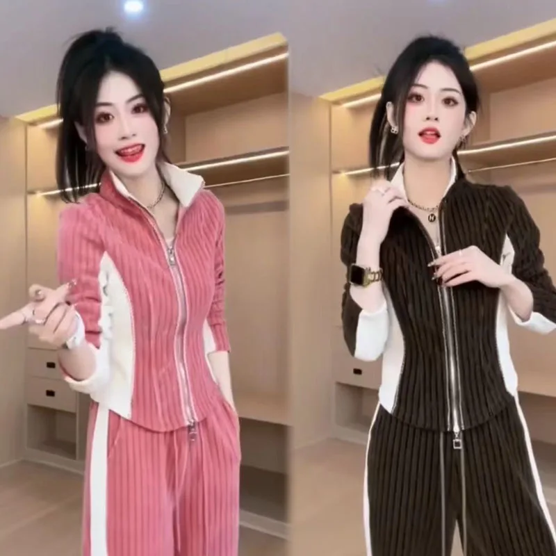 Casual Sports Wide-Leg Pants Suit Spring Autumn Stand Collar Zipper Long-Sleeved Top and Pants 2 Piece Sets Womens Outfits