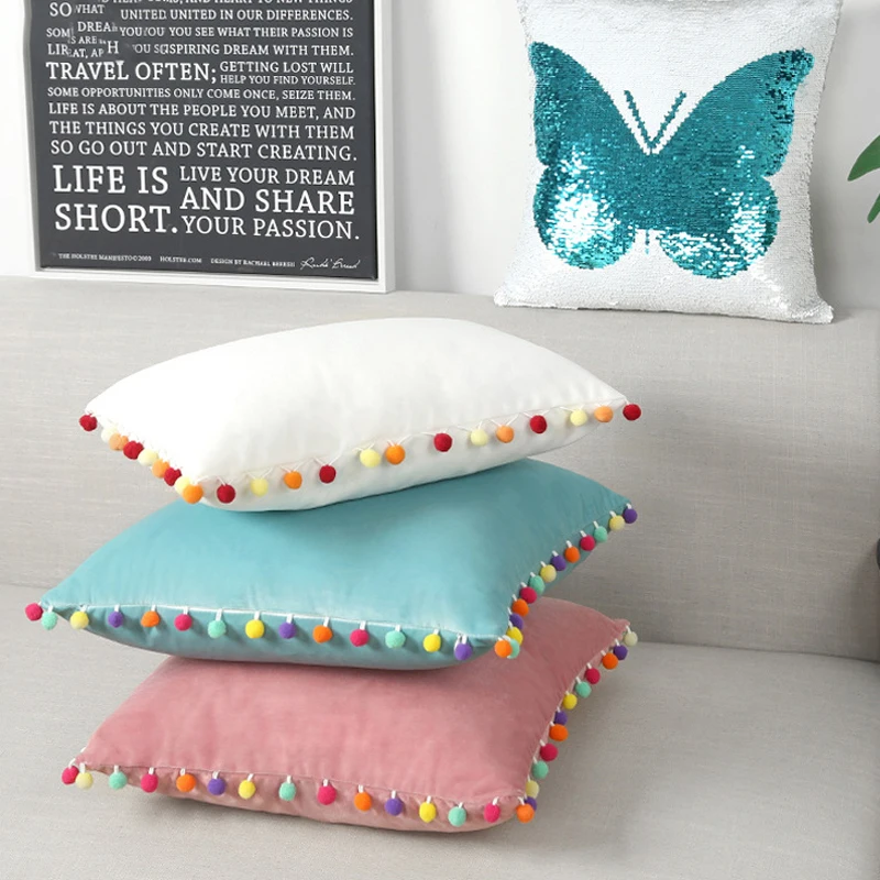 Soft Velvet Cushion Cover Decor Ball Tassel Throw Pillow Case