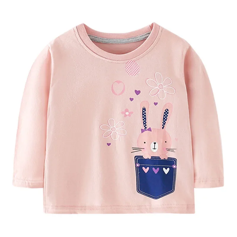 

2024 Baby Girls New Fashion Tops Lovely Rabbit Cartoon T-shirt Autumn and Spring Casual Clothes for Kids 2-7year