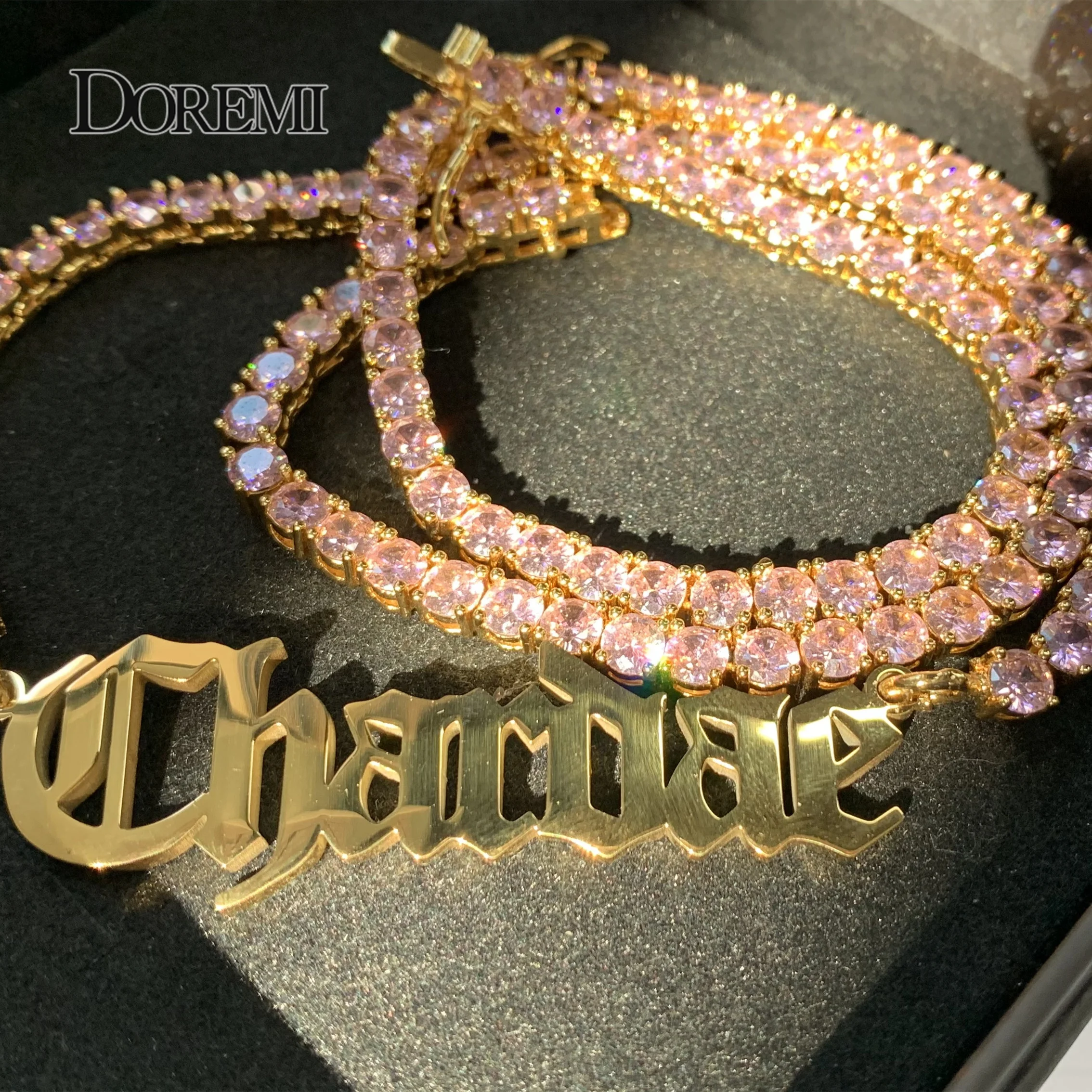 DOREMI 4MM Pink Zircon Custom Name Necklace Stainless Steel Letter Iced Out Chain Personalized Name Pendant For Men Women Gift