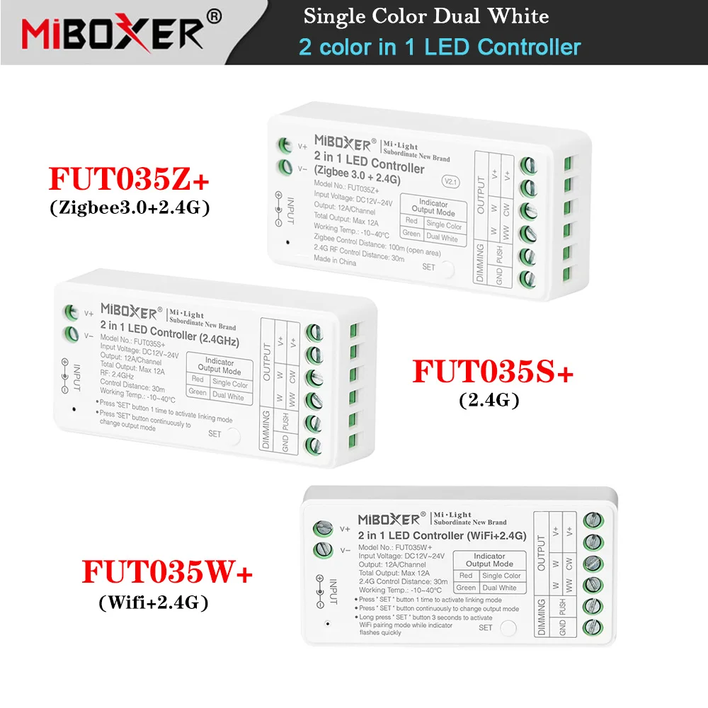 Miboxer 2 in 1 Zigbee 3.0 2.4G WiFi Dual white Single color LED Strip Controller Tuya APP dimming CCT Lights tape Dimmer 12V 24V miboxer 2 in 1 zigbee 3 0 2 4g wifi dual white single color led strip controller tuya app dimming cct lights tape dimmer 12v 24v