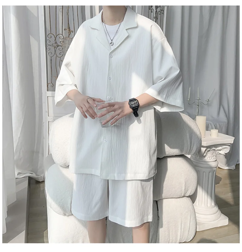 

Костюм спортивный мужской из 2 предметов, Повседневная рубашка с коротким рукавом и шорты, одежда в Корейском стиле, лето