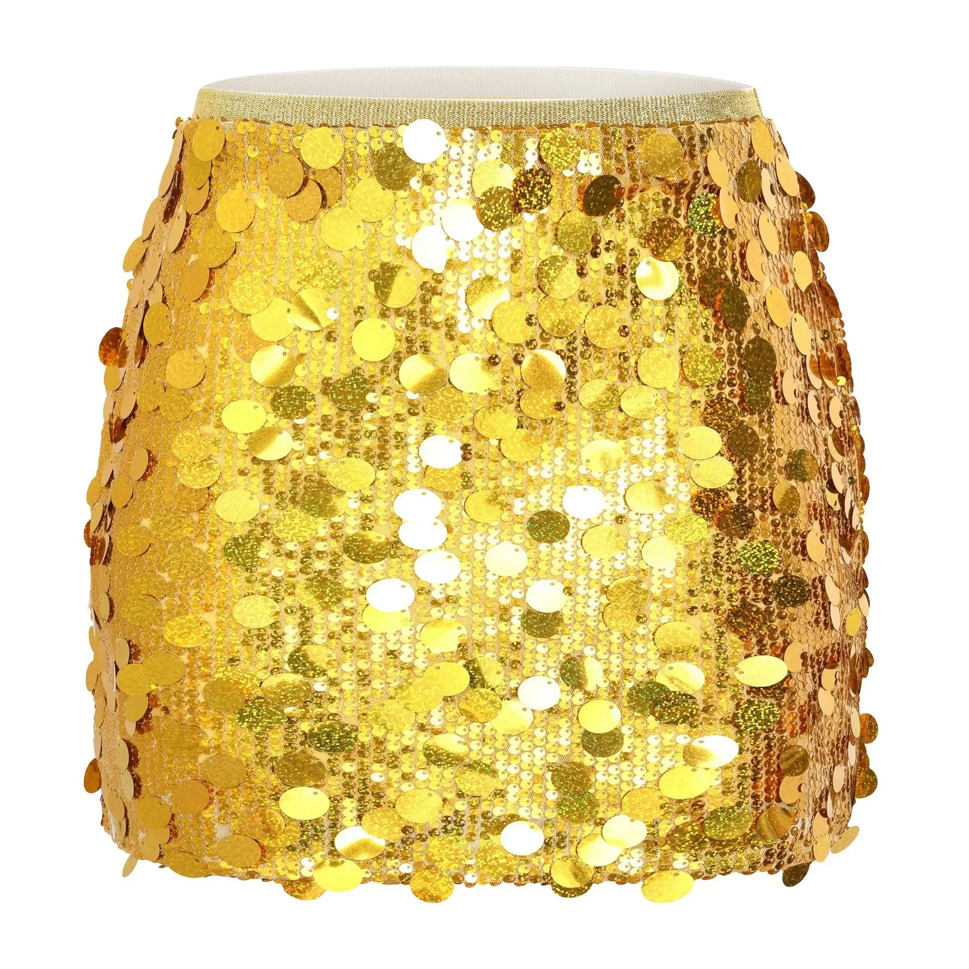 חצאית מיני מבריקה ומשגעת במותן גבוהה למועדון, הופעה בבמה, דקורציה מתכתית בצבע אחיד מפוליאסטר