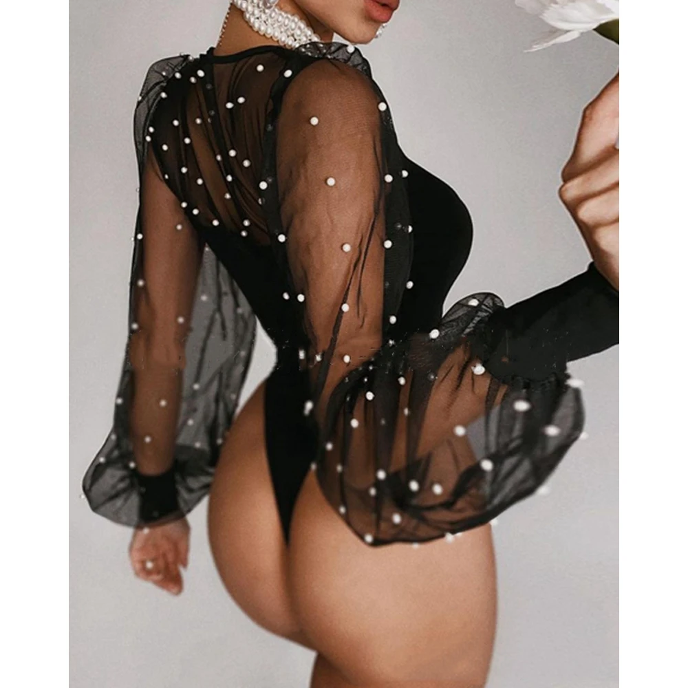 Women Sheer Mesh Long Sleeve Beaded Black Sexy Bodysuit Fashion Lady High Waist Jumpsuit Sexy Playsuit Romper Ropa Mujer Y2K new solid color wedding bridal gauze shawl with bowknot clip mesh shrug bolero lady elegant wedding bridal gauze shawl wedding