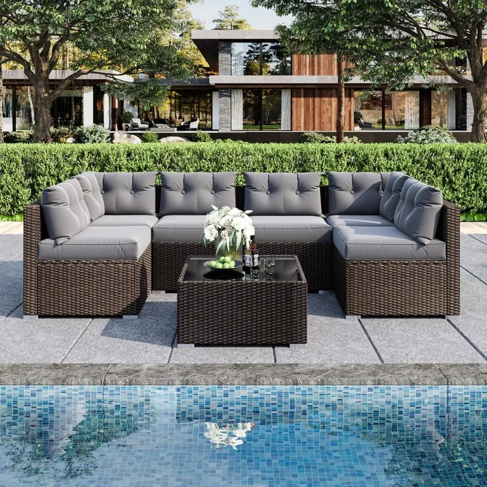 

7 Pieces Patio Sofa Set Outdoor Furniture Sectional All-Weather Wicker Rattan with Back Cushions,Garden Sofa Conversation Grey