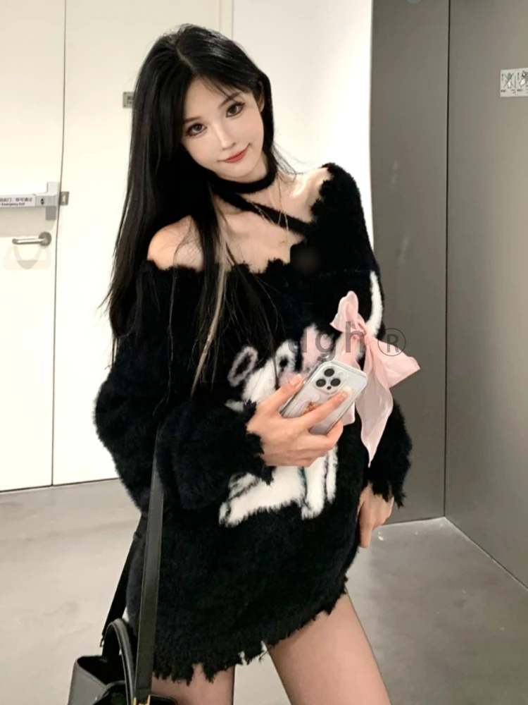 Autumn Kawaii Knitted Pullovers Women Print Sweet Loose Knitted Sweater Female Warm Korean Fashion Casual Pullover Tops 2023