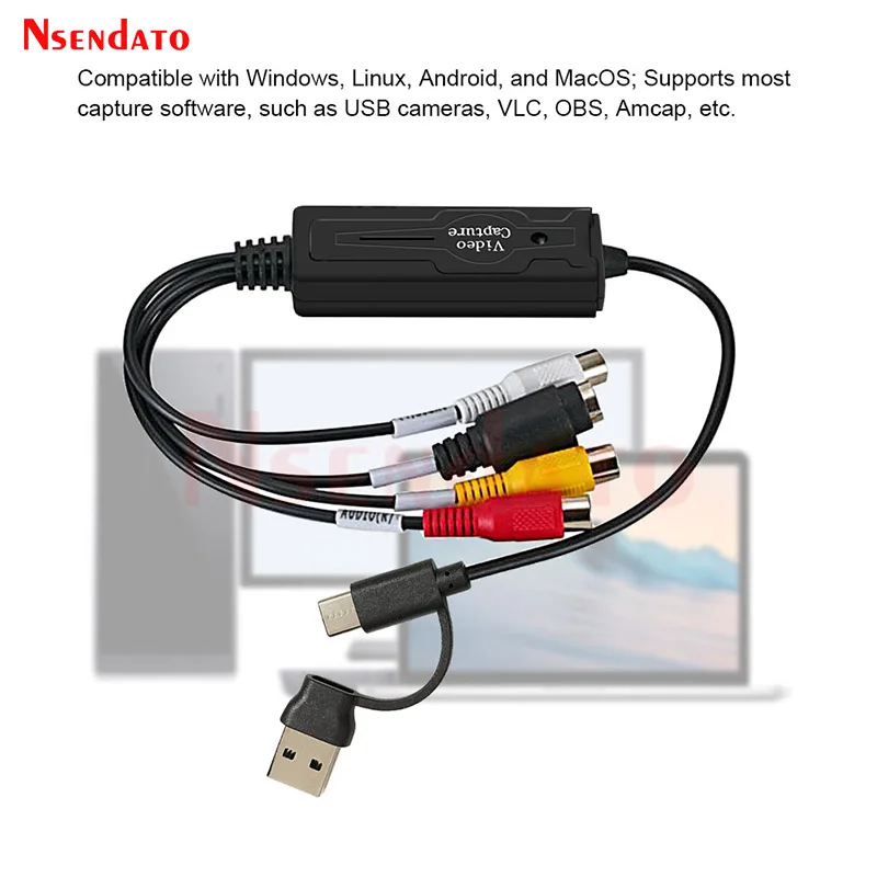 Carte d'acquisition vidéo USB Type C 2 en 1 Type C USB 2.0 AV, adaptateur d'enregistrement RCA AV vers USB C, enregistreur vidéo pour caméra PC