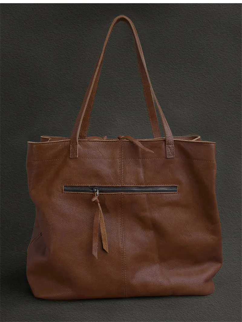 Vintage crazy horse cowhide men's large-capacity tote bag high-quality natural genuine leather shoulder bag travel handbag