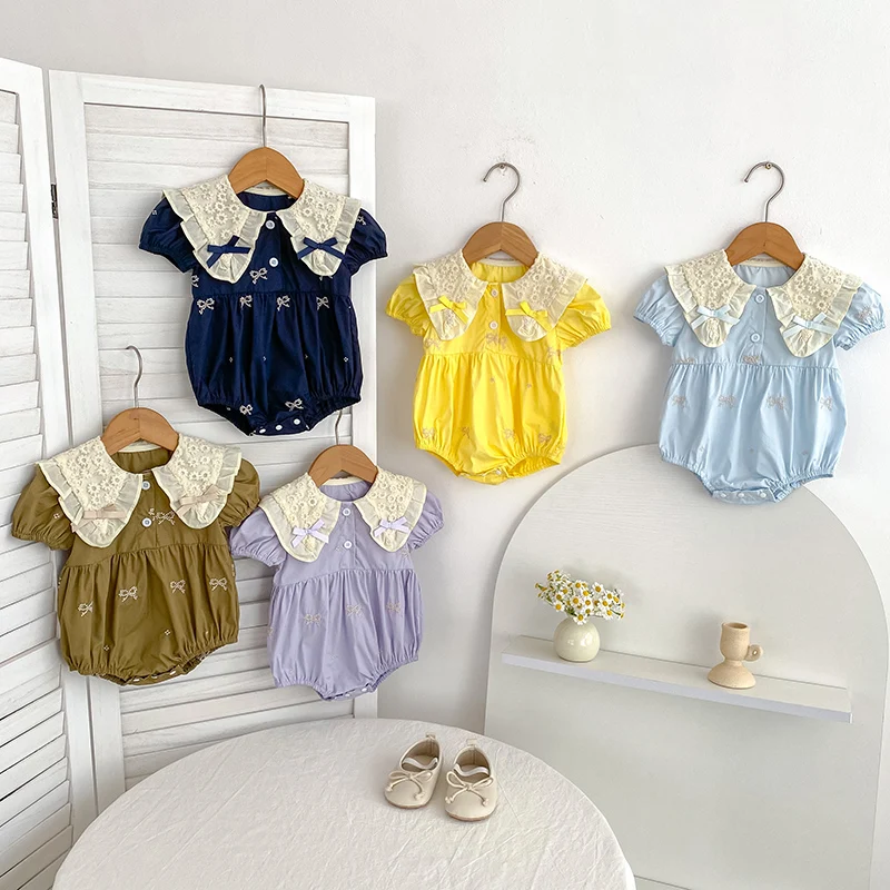 الصيف طفلة ملابس الوليد رومبير طفلة لطيف القوس نفخة الأكمام مثلث تسلق دعوى الأميرة نيسيي الزحف رومبير